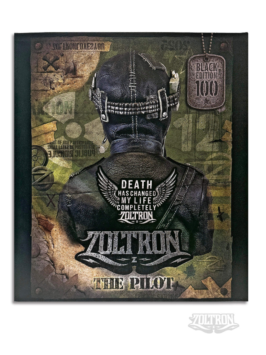 A backview close-up of the custom packagings, desifned ny artist Zoltron, for his highly detailed resin and soapstone sculpture , featuring a highly detailed skull figurine wearing a cracked leather aviator helmet, a weathered black leather jacket, war medallions and adornments, smoking a cigarette, set against a plain white background.